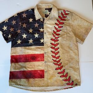 Royaura Hawaiian Patriotic Baseball Stitch American Flag Button Up Shirt Men’s L